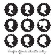 Women profiles silhouettes vector set White on the black badges