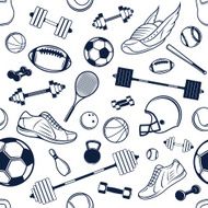 Vector Sport Equipment Black and White Background Seamless Pattern Icons