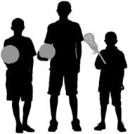 Silhouette of three boys with sports equipments N2