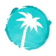 Watercolor blue circle paint stain and palm tree