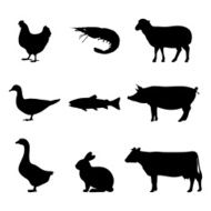 Black silhouette of farm and sea animals on white