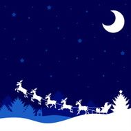 Silhouette Santa Claus riding sleigh with deer on night backgrou