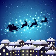 Santa reindeer silhouette on night city