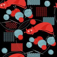 Cat with knitting and balls of yarn Seamless background pattern