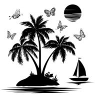 Island with palm ship butterflies silhouettes