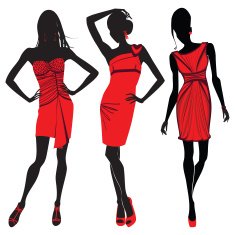 Three elegant women in red dresses N2