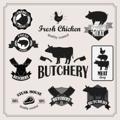 Retro butchery steak house and meat shop logotypes set