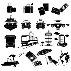 Vacation and travel black & white icon set