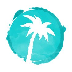 Watercolor blue circle paint stain and palm tree