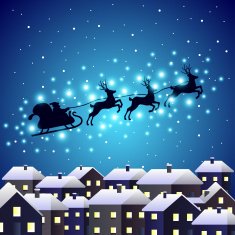 Santa reindeer silhouette on night city