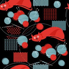 Cat with knitting and balls of yarn Seamless background pattern
