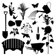 Gardening Elements Silhouettes including tools plants bench and wheelbarrow