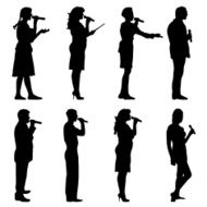 Black silhouettes of mans and womans singing karaoke N2