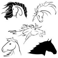 Five stylized Horse Heads in pen &amp; Ink style drawings