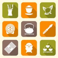 white color flat style chinese tea ceremony equipment icons set