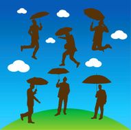 Assorted shapes of person with umbrella