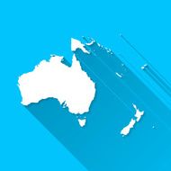 Oceania Map on Blue Background Long Shadow Flat Design