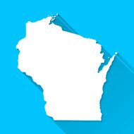 Wisconsin Map on Blue Background Long Shadow Flat Design