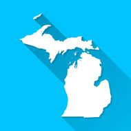 Michigan Map on Blue Background Long Shadow Flat Design