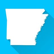 Arkansas Map on Blue Background Long Shadow Flat Design