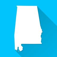 Alabama Map on Blue Background Long Shadow Flat Design