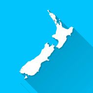 New Zealand Map on Blue Background Long Shadow Flat Design