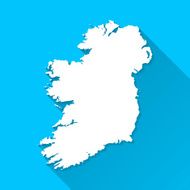 Ireland Map on Blue Background Long Shadow Flat Design