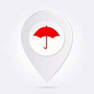 Map Marker Pin Red Umbrella Silhouette on Round Icon Button N2