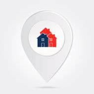 Map Marker Pin Townhouses Silhouette on Round Icon Button N2