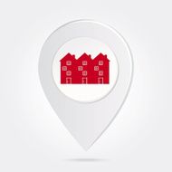 Map Marker Pin Red Townhouses Silhouette on Round Icon Button N2