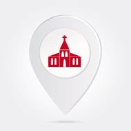 Map Marker Pin Red Church Silhouette on Round Icon Button N2
