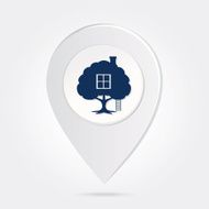 Map Marker with Blue Silhouette Treehouse Icon Button in Middle N2