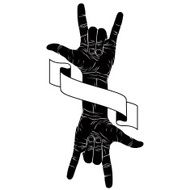 Rock on hand creative sign with two hands an ribbon
