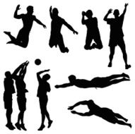 Multiple images of volleyball players in action