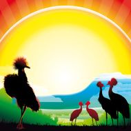 Crowned Cranes silhouettes in hot day