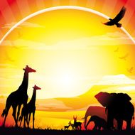 African Giraffes and Elephant silhouettes safari Kilimanjaro