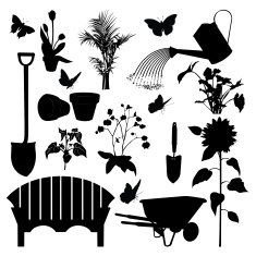 Gardening Elements Silhouettes including tools plants bench and wheelbarrow