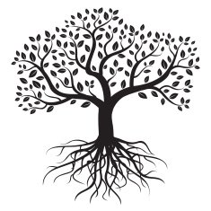 Black vector tree with roots and leafs