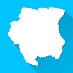 Suriname Map on Blue Background Long Shadow Flat Design