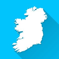 Ireland Map on Blue Background Long Shadow Flat Design