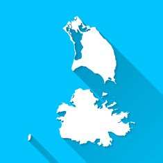 Antigua and Barbuda Map Blue Background Long Shadow Flat Design