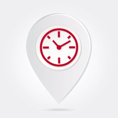 Map Marker Pin Red Clock Silhouette on Round Icon Button N2