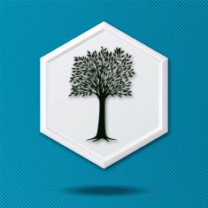 White 3D Hexagon Icon On Blue With Tree N2