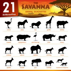 Twenty one Savanna animal silhouettes