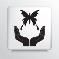 Square Icon With Two Hands Cupping a Flying Butterfly Silhouette