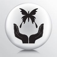 Round Icon With Two Hands Cupping a Flying Butterfly Silhouette