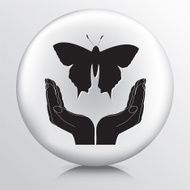 Round Icon With Two Hands Cupping a Flying Butterfly Silhouette N2