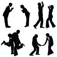 Business couple secret handshake bow