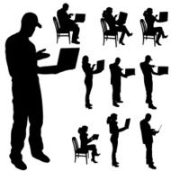 Vector silhouette of woman with a computer