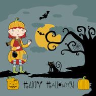 Little girl in witch costume on three pumpkins